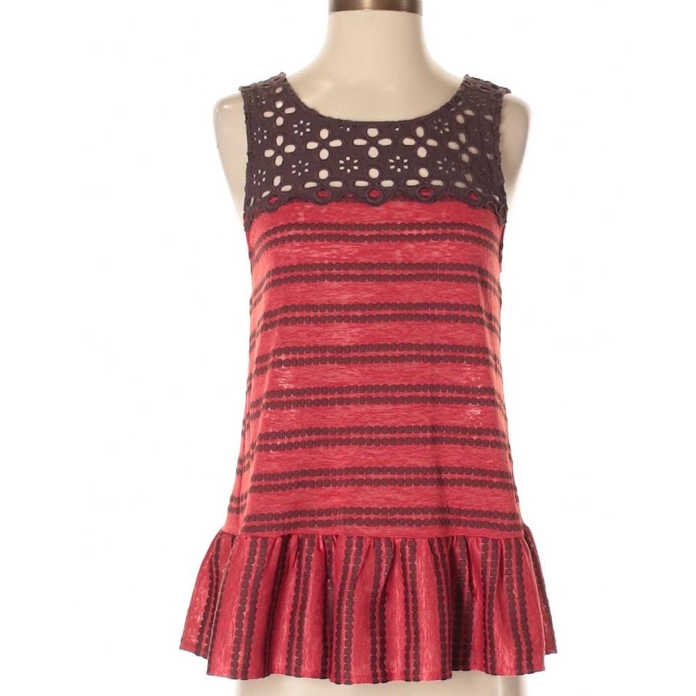 FREE PEOPLE Brick Red Striped Lace Ruffle Top XS